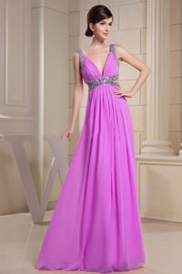 V-neck Beaded Hot Pink Chiffon Prom Dress for Debutante Ball in Floor-length