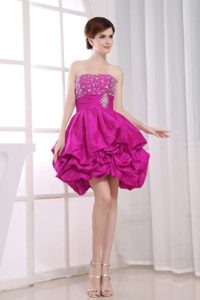 Beaded A-Line Strapless Fuchsia Mini Prom Dress for Women with Pick-ups