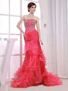 Mermaid Strapless Brush Train Beaded Red Grad Prom Dresses with Ruffles