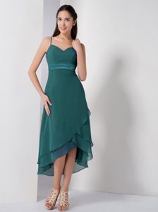 Pretty Turquoise High-low End of year Socials Prom Dress with Spaghetti Straps