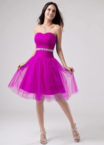 Beaded Strapless A-Line Knee-length Lady of Evening Prom Dress in Hot Pink