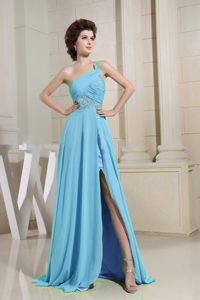 Baby Blue High Slit One Shoulder Grad Prom Dress with Beading and Ruching