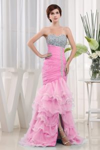 Beautiful Baby Pink Beads Decorated and Ruffled Dresses for Prom