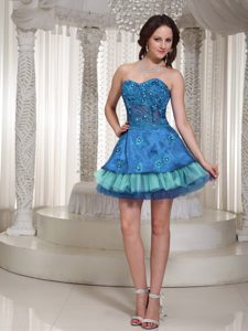 Sweetheart Beaded and Appliqued Mini-length Dresses for Prom Court in Teal
