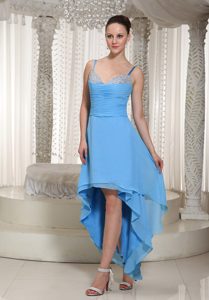 High-low Blue Prom Dresses With Spaghetti Straps and Beads Decorated Bust