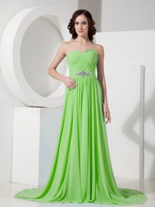 Beaded Spring Green Empire Sweetheart Dress for Prom Queen with Brush Train