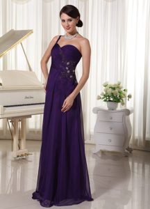 Dark Purple Chiffon One Shoulder Beaded Prom Evening Dress with Appliques