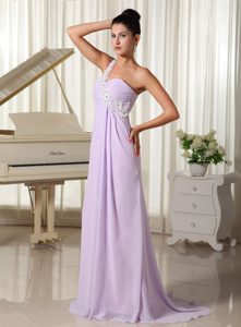 Appliques Decorated One Shoulder Lilac Dress for Prom Night with Brush Train