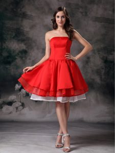 Organza and A-line Strapless Knee-length Junior Prom in White and Red
