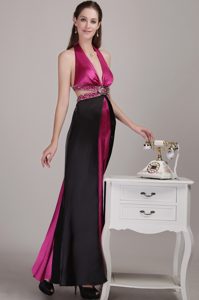 Empire Halter Ankle-length Satin Beaded Dresses for Prom Court in Fuchsia