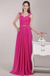 Fuchsia Empire Straps Long Chiffon Prom Dresses for Girls with Beads