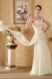 Romantic One Shoulder Watteau Train Champagne Prom Party Dress for Fall