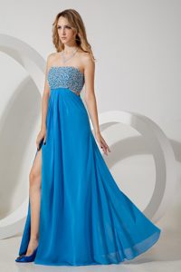 Best Seller Strapless Sky Blue High Slit Prom Pageant Dresses with Beading