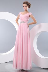 Wonderful V-neck Long Chiffon Prom Dresses for Women in Baby Pink
