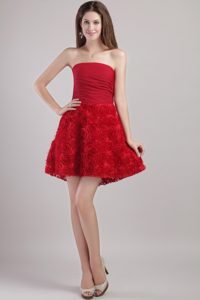 Lovely Strapless Short Prom Court Dresses in Wine Red with Rolling Flowers