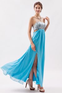 Fabulous Aqua Blue Strapless Slit Ankle-length Dress for Prom with Sequin