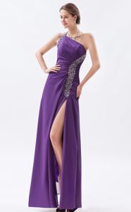 Impressive One Shoulder High Slit Purple Prom Pageant Dress with Beading