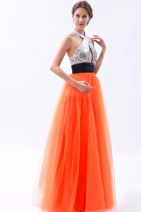Charming Halter Top Zipper-up Prom Graduation Dress in Orange and Black