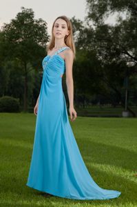 Classical Ruched and Appliqued Zipper-up Aqua Blue Prom Dress for Women