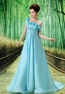 One Shoulder Watteau Train Baby Blue Prom Dress for Girls with Embroidery