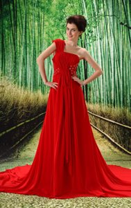 Special Red One Shoulder Ruched and Beaded Court Train Dresses for Prom