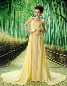 Spaghetti 2012 Exquisite Yellow Court Train Prom Court Dresses with Beading