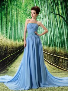 New Light Blue Chiffon Zipper-up Dress for Prom Princess with Watteau Train