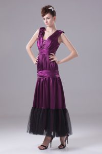 Purple and Black Ankle-length Luxurious Prom Celebrity Dress with Ruches