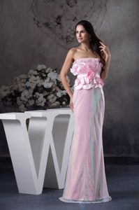 Best Seller Strapless Long Pink Satin Prom Dress for Girls with Flowers
