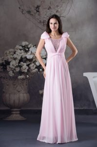 Beautiful Ruched and Beaded Light Pink Dresses for Prom with Cap Sleeves
