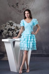 Ruffled Lace-up Classical Mini-length Dresses for Prom Court in Aqua Blue