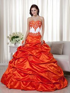 New Orange Red Sweetheart Appliques Quinceanera Dress with Pick-ups