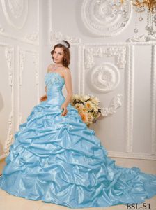 Aqua Blue Strapless Appliqued and Beaded Quinceanera Dress on Sale