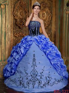 Blue Strapless Quinceanera Gown Dress with Embroidery and Pick-ups