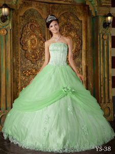 Apple Green Strapless Dress for Quince with Appliques and Handmade Flower