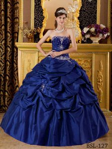 Appliqued Quinceanera Gowns with Pick-ups in Dark Blue for Autumn