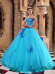 Strapless Aqua Blue 2013 Quinceanera Gown Dress with Flowers and Sequins