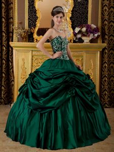 Sweetheart Sweet 15 Dress in Dark Green with Embroidery and Hand Flowers