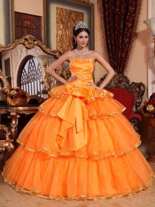 Strapless Beading Sweet 15 Dresses with Layers and Bowknot in Orange Red