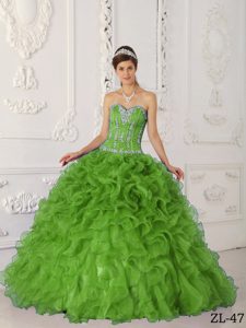 Appliqued and Ruffled Sweet 16 Dress with Sweetheart in Spring Green