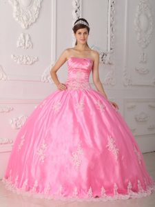 Strapless Long Pink Quinces Dress in and Lace with Appliques