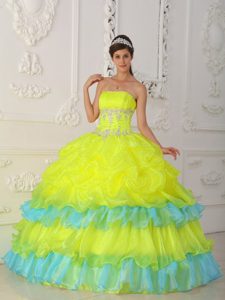 Best Yellow and Aqua Blue Sweet 15 Dress with Ruffled Layers and Appliques