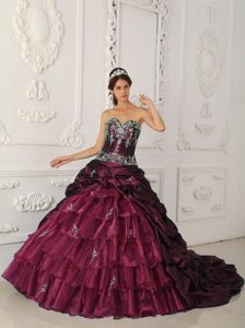 Appliqued and Layered Quinceanera Gowns with Sweetheart in Burgundy