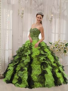 Leopard Sweetheart Sweet 16 Dresses with Ruffles in Black and Spring Green