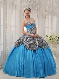 Ball Gown Sweetheart Quinces Dresses with Zebra and Ruffles in Aqua Blue