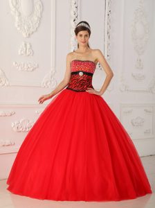 Strapless Long Quinces Dress in Red and Black with Beads and Zebra