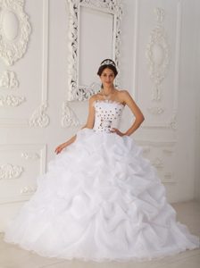 White Ball Gown Strapless Sweet 16 Dress with Rhinestones and Red Flowers