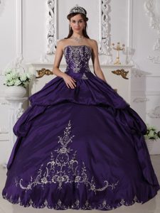 Purple Ball Gown Strapless Quince Dress with Embroidery and Beads in 2014