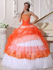 Appliqued Long Dress for Quince with Strapless in Orange and White