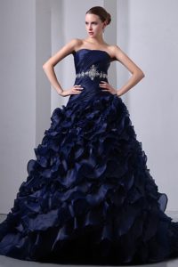 Navy Blue Princess Strapless Quinceanera Gowns with Ruffles and Beadings